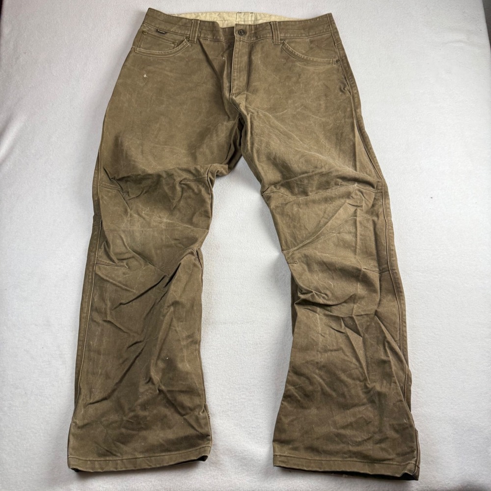 Kuhl Law Less-Full Mens 36x32 Dark Khaki Brown Waxed Canvas Pants Articulated